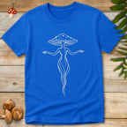 Minimal line art illustration of a feminine forest spirit figure with a mushroom cap head and flowing root-like body.
