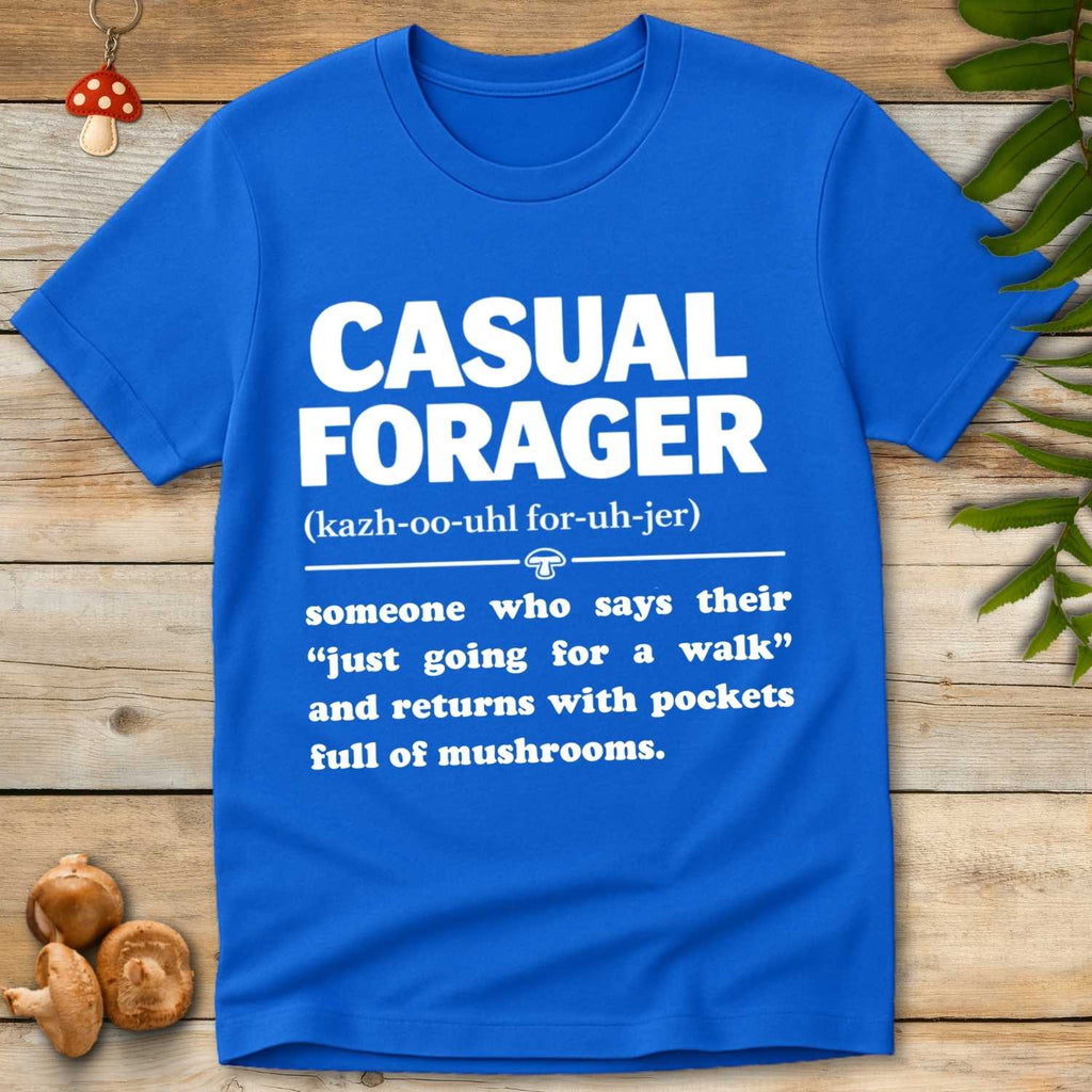 Typography design reading “Casual Forager” with a humorous definition about going for a walk and returning with pockets full of mushrooms.