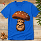 Vintage-style illustration of an angry mushroom character with sharp fangs, fierce eyes, and a spotted mushroom cap on a black background.