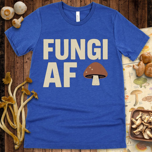 Retro-style text “Fungi AF” with a cartoon mushroom graphic.