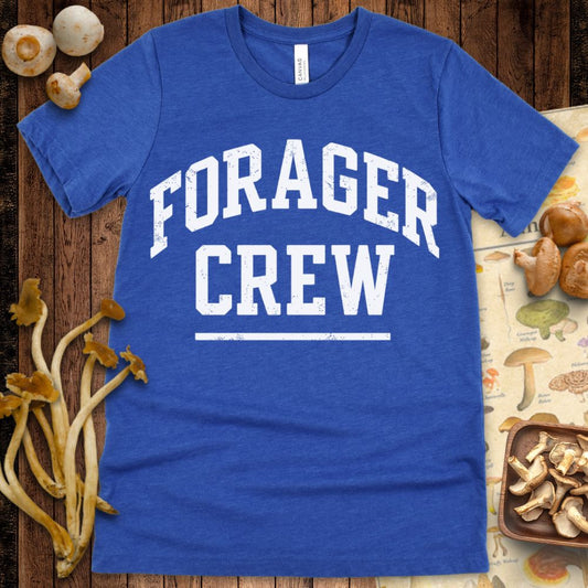 “Forager Crew” varsity-style graphic tee for mushroom hunters, foragers, and fungi enthusiasts