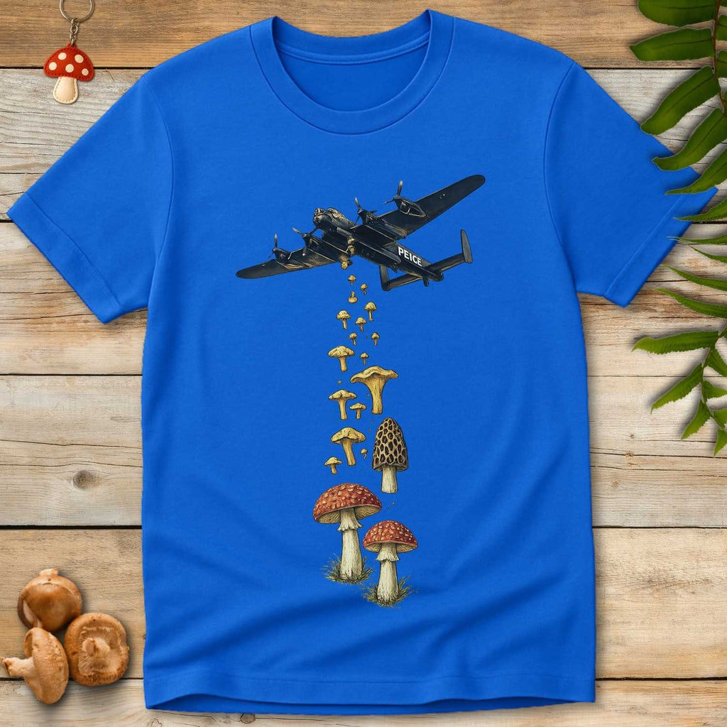 Vintage bomber airplane dropping mushrooms in a surreal anti-war graphic T-shirt design