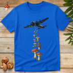 Vintage bomber airplane dropping mushrooms in a surreal anti-war graphic T-shirt design