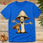 Cute cartoon mushroom pair with happy smiling faces, one tall mushroom hugging a smaller golden mushroom, whimsical woodland fungi illustration on a blue background.