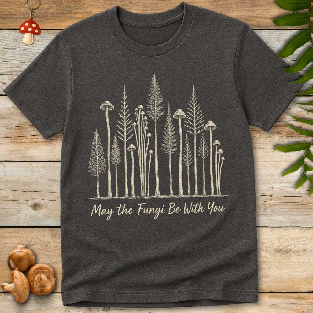 May the Fungi Be With You mushroom graphic featuring tall woodland mushrooms arranged like a forest with rustic cottagecore style artwork.
