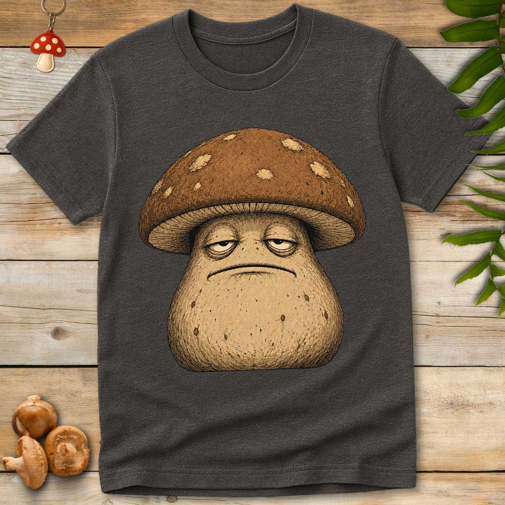 Detailed vintage-style illustration of a grumpy mushroom character with sleepy eyes and an unimpressed expression on a textured background.