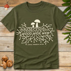 Futuristic mushroom design featuring a mycelium-inspired circuit network with the text "Wood Wide Web" and "Hyphal Transfer: Active" on a dark background.