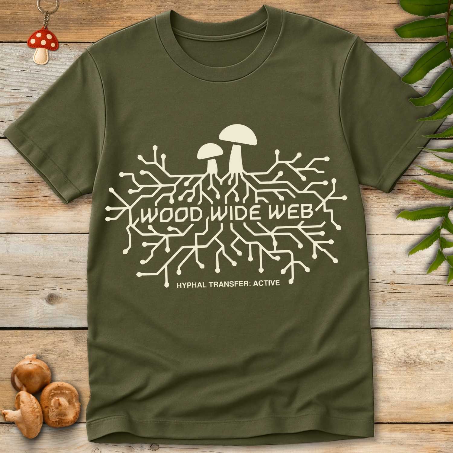 Futuristic mushroom design featuring a mycelium-inspired circuit network with the text "Wood Wide Web" and "Hyphal Transfer: Active" on a dark background.