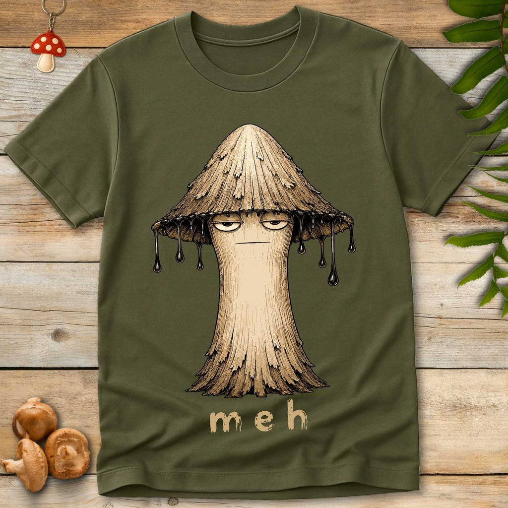 Vintage-style illustration of a tall shaggy mushroom with a bored expression and black ink dripping from its cap above the text "meh" on a black background.