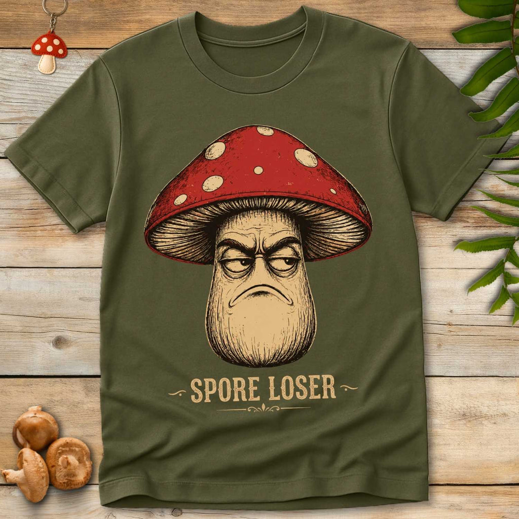 Grumpy red-capped cartoon mushroom with an angry expression above the words "Spore Loser" on a green background.