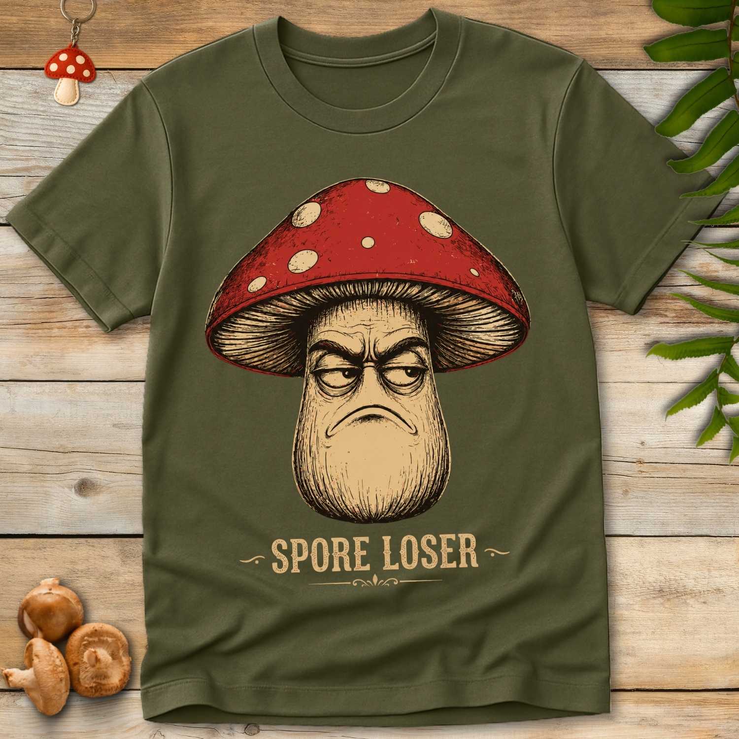Grumpy red-capped cartoon mushroom with an angry expression above the words "Spore Loser" on a green background.