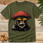 Illustration of a gorilla wearing a red fly agaric mushroom cap and yellow sunglasses in a bold, psychedelic art style.