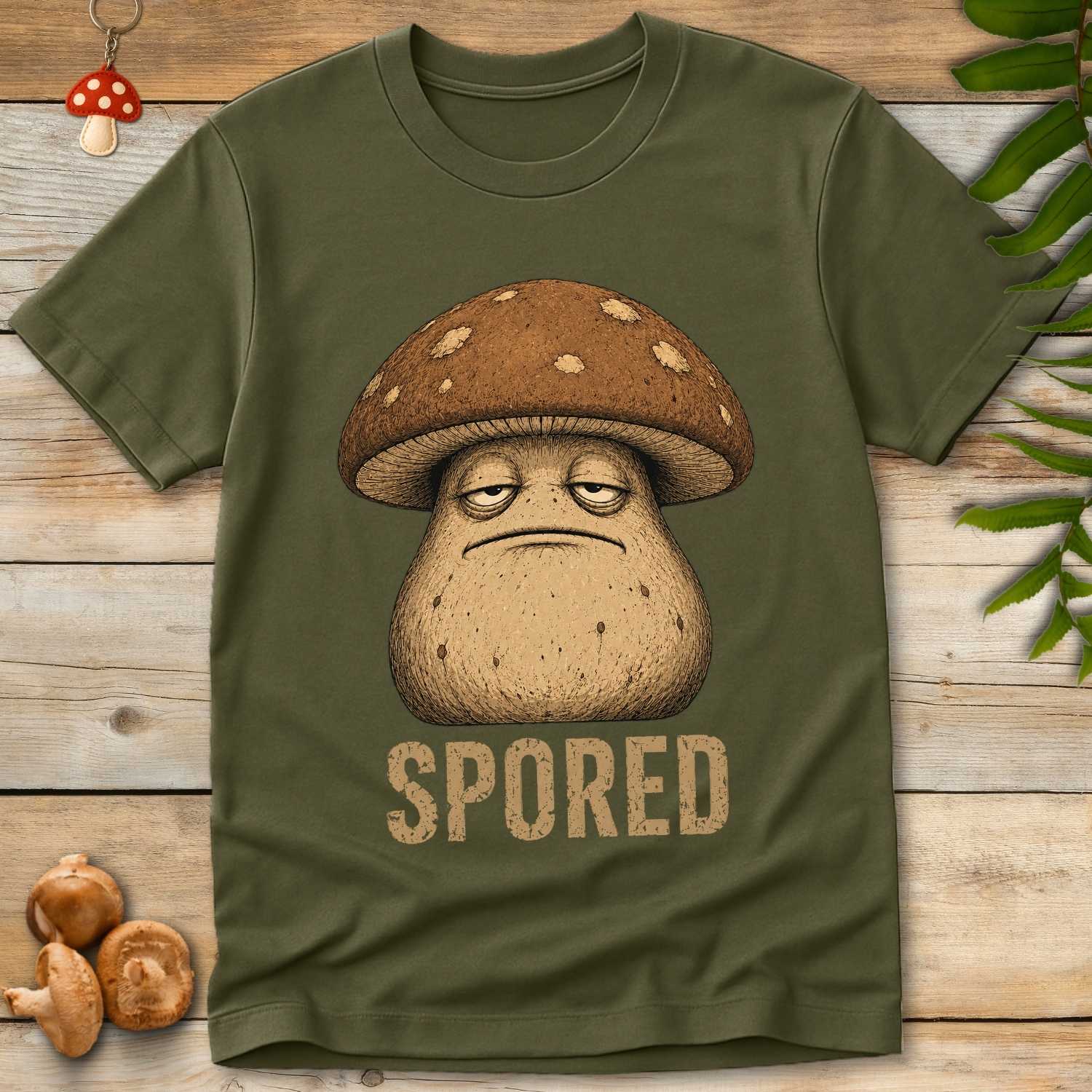 Vintage-style illustration of a bored bolete mushroom with droopy eyes above the word "SPORED" on a textured background.