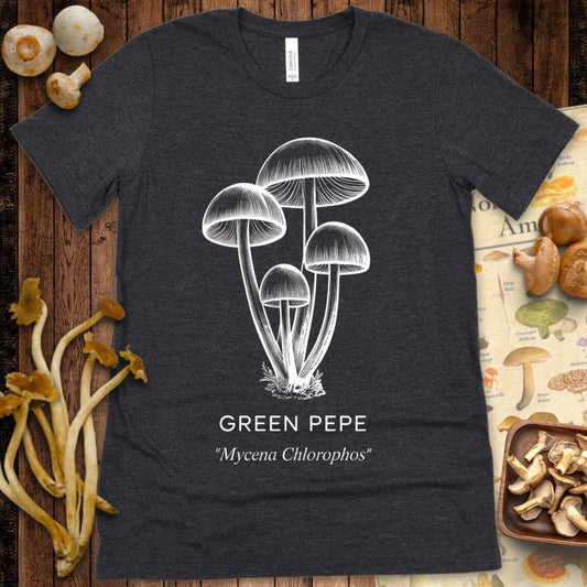 White line illustration of Mycena chlorophos mushrooms labeled “Green Pepe” on a black background t-shirt design