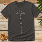 Minimalist mushroom illustration with the word “MYCOLOGY” stacked vertically along the stem, in a clean white-on-black design.