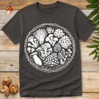 Detailed black and white circular wreath design featuring assorted wild mushrooms including chanterelles, morels, oyster mushrooms, and enoki.