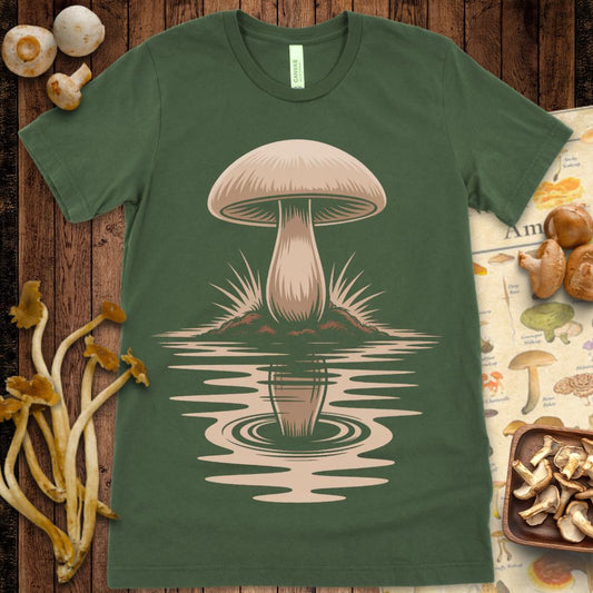 Stylized illustration of a single mushroom with its reflection mirrored in rippling water, set in earthy tones on a black background