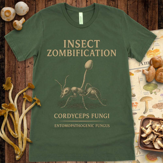 Vintage-style illustration of ant infected with Cordyceps fungus labeled “Insect Zombification” and “Entomopathogenic Fungus”