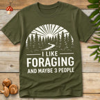 Vintage forest scene with pine trees and a winding trail reading “I Like Foraging and Maybe 3 People”.