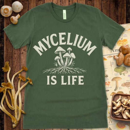 “Mycelium Is Life” graphic tee with mushrooms and root system illustration for fungi lovers and mycology fans