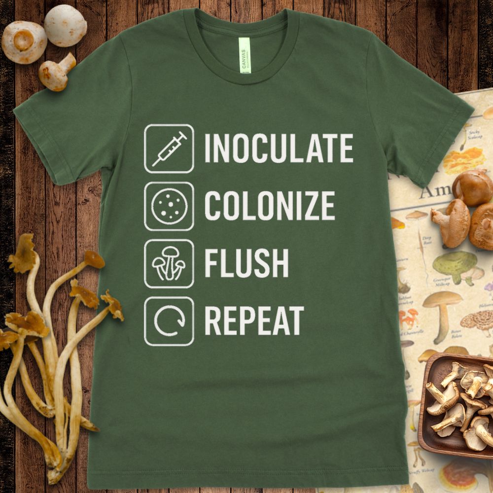 Black t-shirt with white illustrated icons and bold text showing mushroom grow steps: inoculate, colonize, flush, repeat.