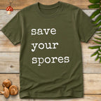 Bold white text reading “save your spores” in vintage typewriter font on black background