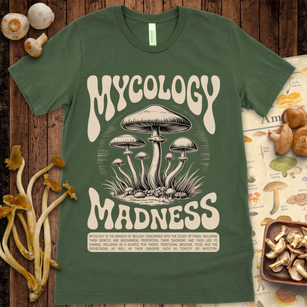 Retro graphic T-shirt design featuring mushrooms and a definition of mycology with bold stylized text.