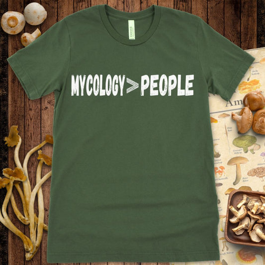 Minimalist T-shirt design with distressed white text reading “Mycology > People” on a Green background