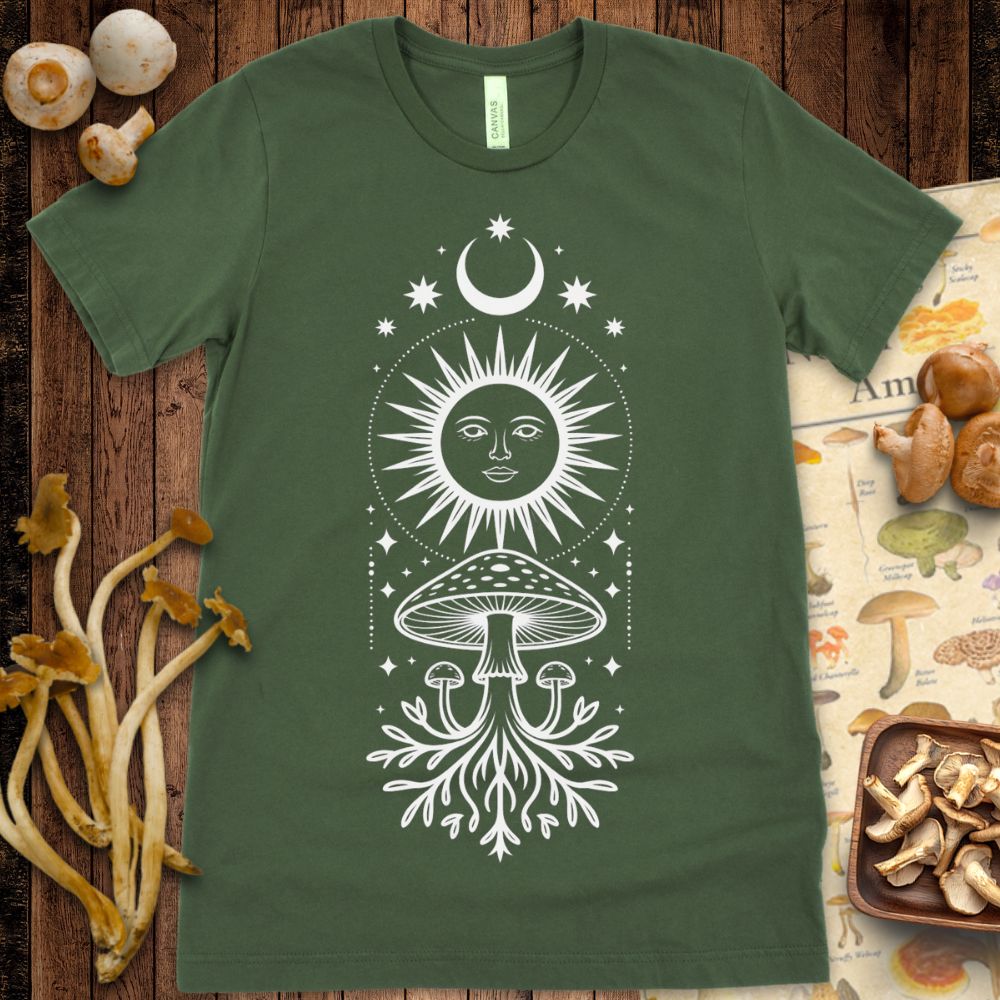Vertical white-on-black totem design featuring a crescent moon, sun face, central mushroom, and stylized mycelium roots with stars and leaves.