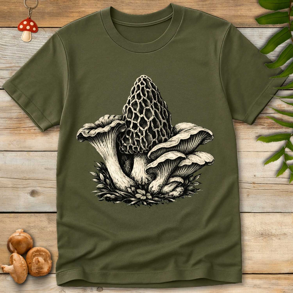 Grunge-style illustration of a cluster of mushrooms including morel, chanterelle, and oyster varieties on a distressed background