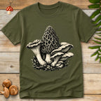 Grunge-style illustration of a cluster of mushrooms including morel, chanterelle, and oyster varieties on a distressed background