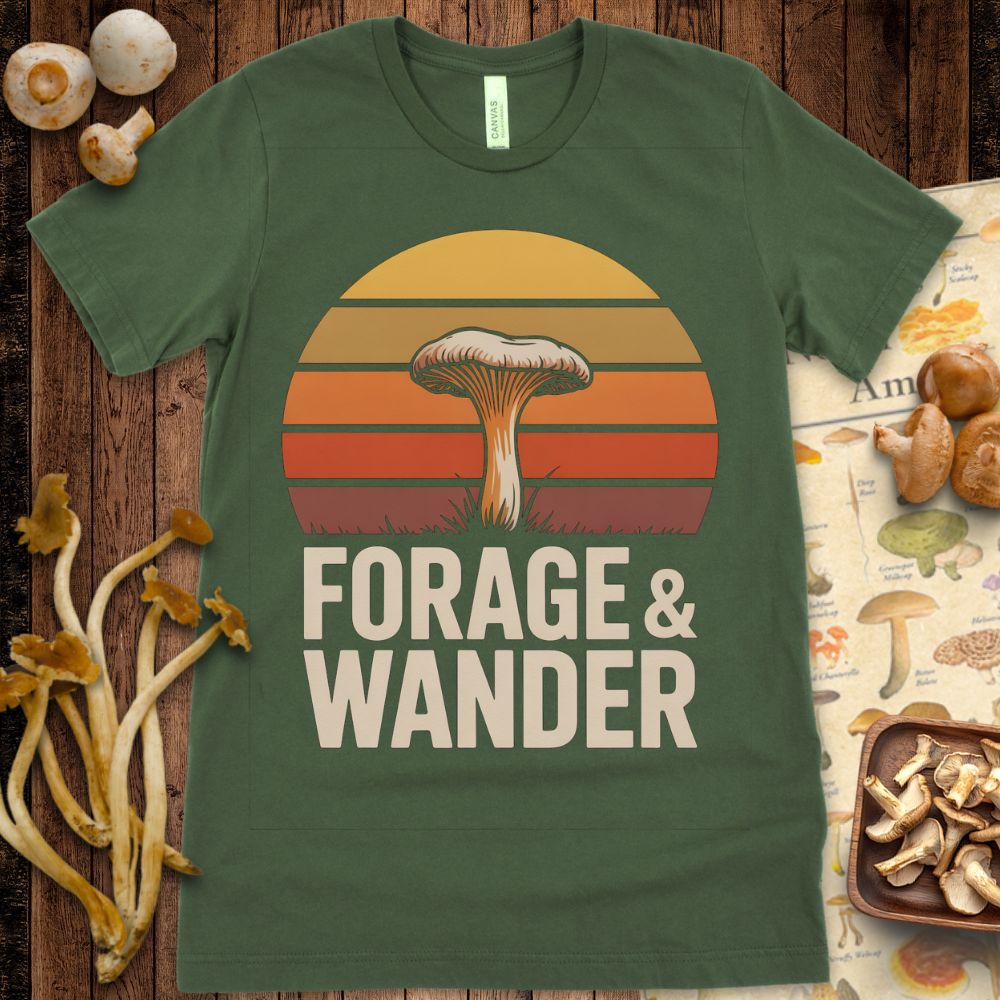 Retro-style design with a mushroom in front of sunset stripes and the text “Forage & Wander” in bold block letters