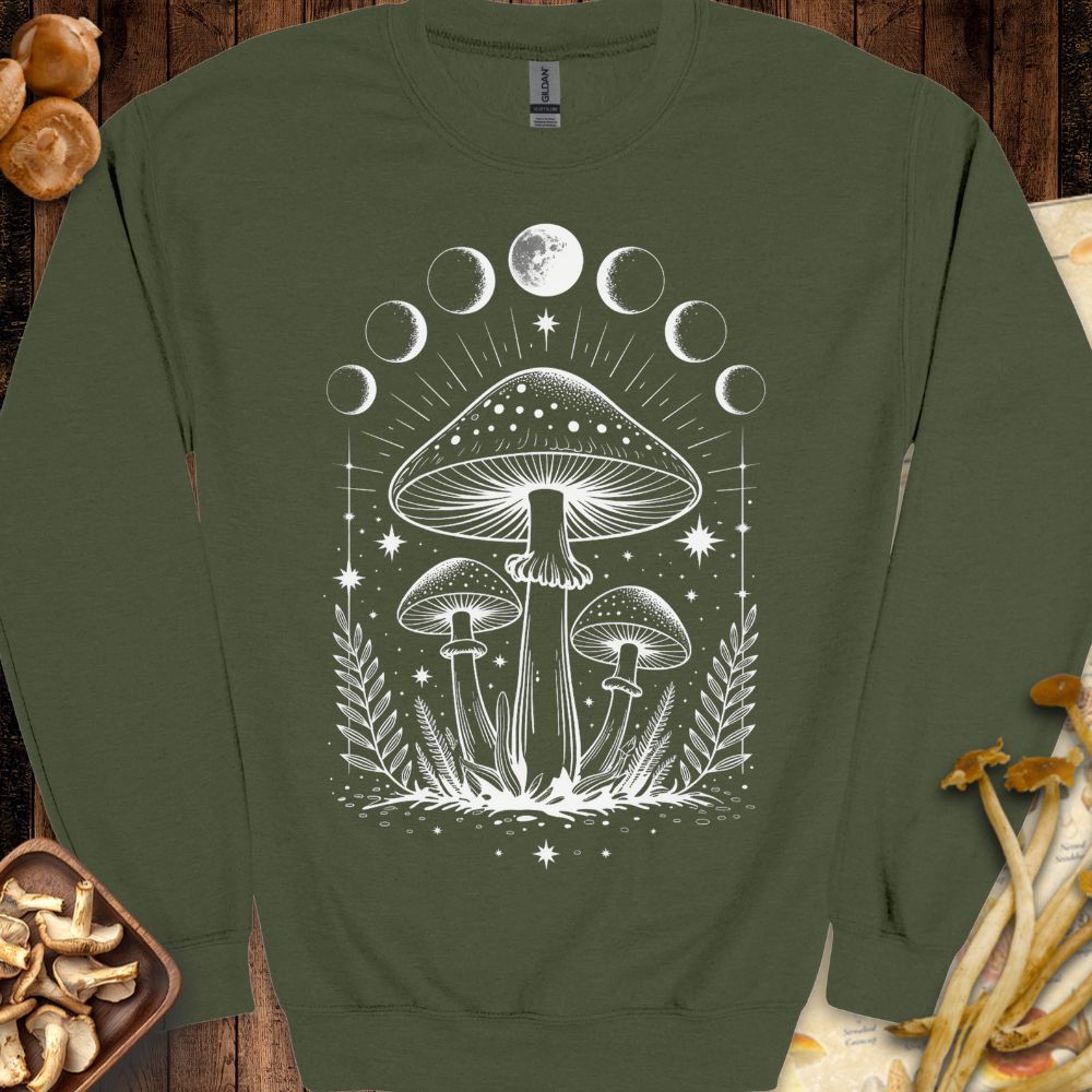 Lunar Shrooms Sweatshirt design featuring three mystical mushrooms under the moon phases with stars and ferns in a black-and-white celestial theme