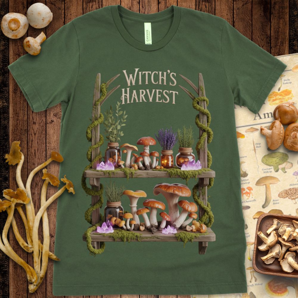 Witches Harvest design with vibrant orange mushrooms, jars of herbs, purple crystals, and moss-covered shelves framed in forest vines.