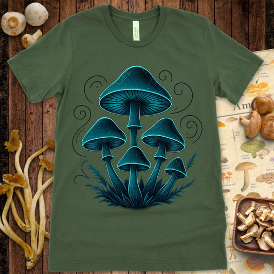 Fantasy-style glowing teal mushrooms with magical swirls and foliage on a dark background