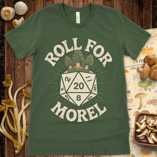 D20 dice with morel mushrooms and “Roll for Morel” text – a punny D&D fantasy mushroom design