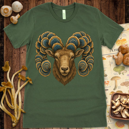 Turkey Tail Ram T-shirt design featuring a detailed ram with spiral blue and gold mushroom horns