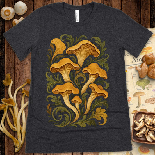 Illustrated cluster of golden chanterelle mushrooms surrounded by ornate green botanical flourishes on a textured background