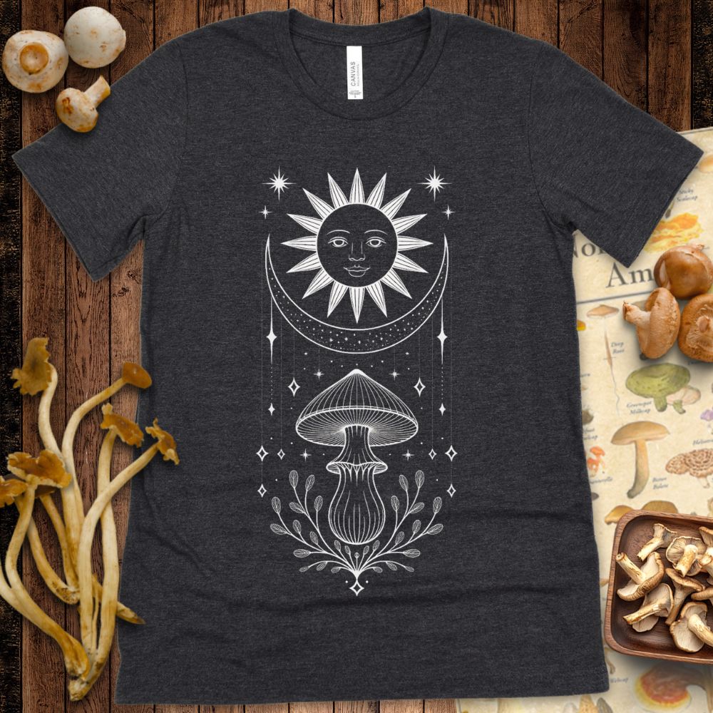 Vertical white-on-black line art of sun face, crescent moon, and central mushroom with botanical leaves and stars in a mystical totem style.