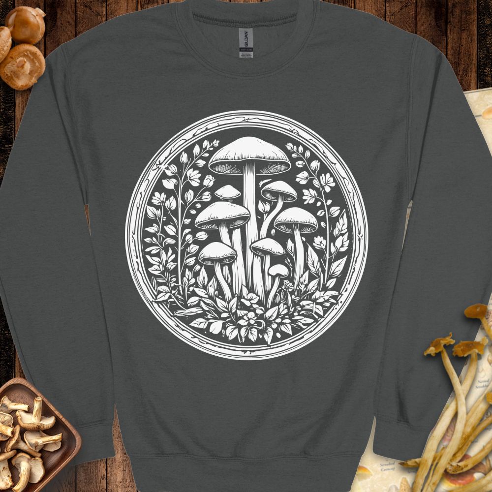 Shroom Medallion Sweatshirt featuring intricate mushrooms and foliage framed in a circular botanical medallion in black and white