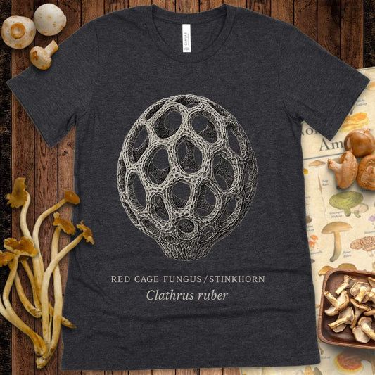 Detailed vintage-style illustration of Clathrus ruber (Red Cage Fungus) with labeled typography on black t-shirt