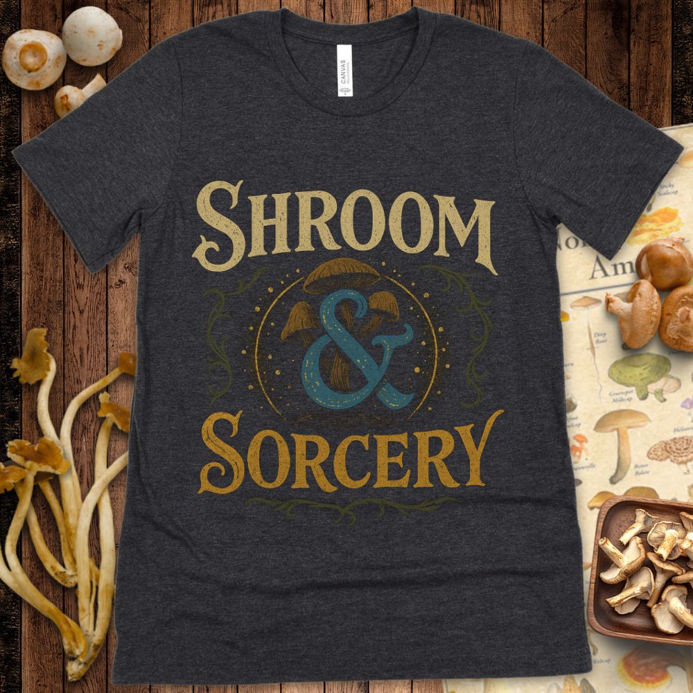 Vintage fantasy design with mushrooms, ornate ampersand, and “Shroom & Sorcery” text — perfect for D&D and RPG fans