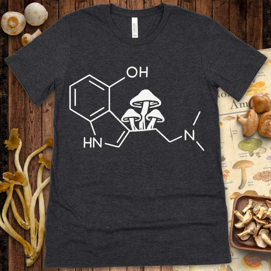 Line art of a chemical structure with three mushrooms integrated into the molecular design