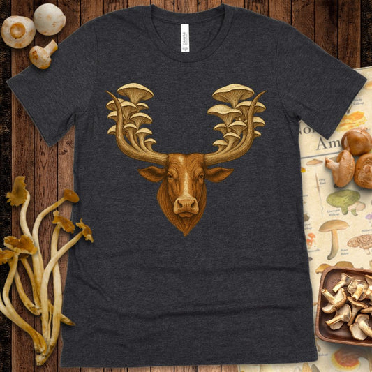 Longhorn steer with oyster mushrooms growing from antlers in surreal T-shirt design