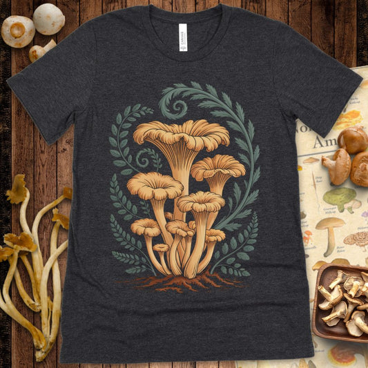 Illustration of golden chanterelle mushrooms surrounded by decorative fern and foliage on black background