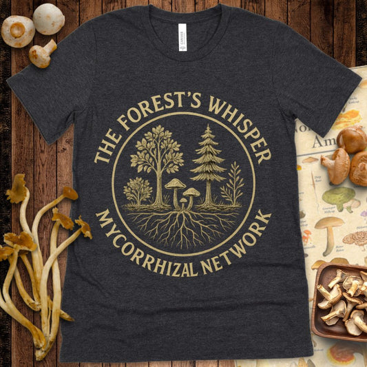 “The Forest’s Whisper – Mycorrhizal Network” graphic tee with trees, mushrooms, and roots design for nature and fungi lovers