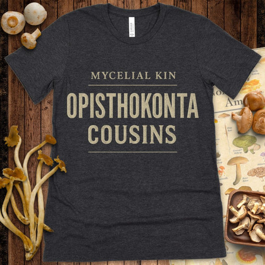 Simple cream text on black background reading “Mycelial Kin – Opisthokonta Cousins” in serif and bold block fonts with horizontal lines