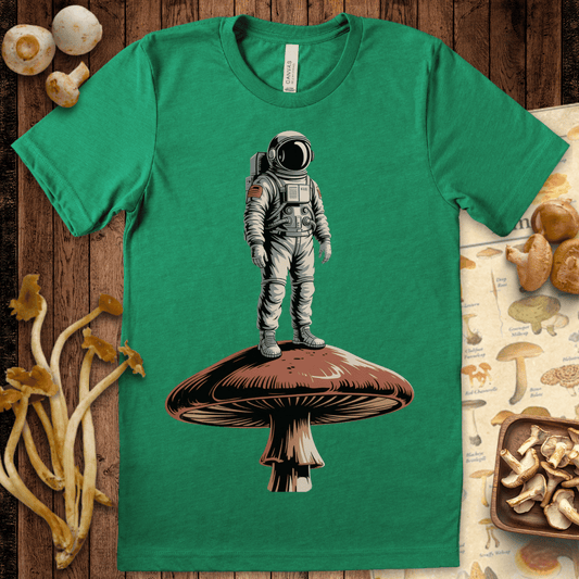 Illustration of an astronaut standing on top of a large mushroom, combining retro space exploration with surreal and psychedelic imagery.
