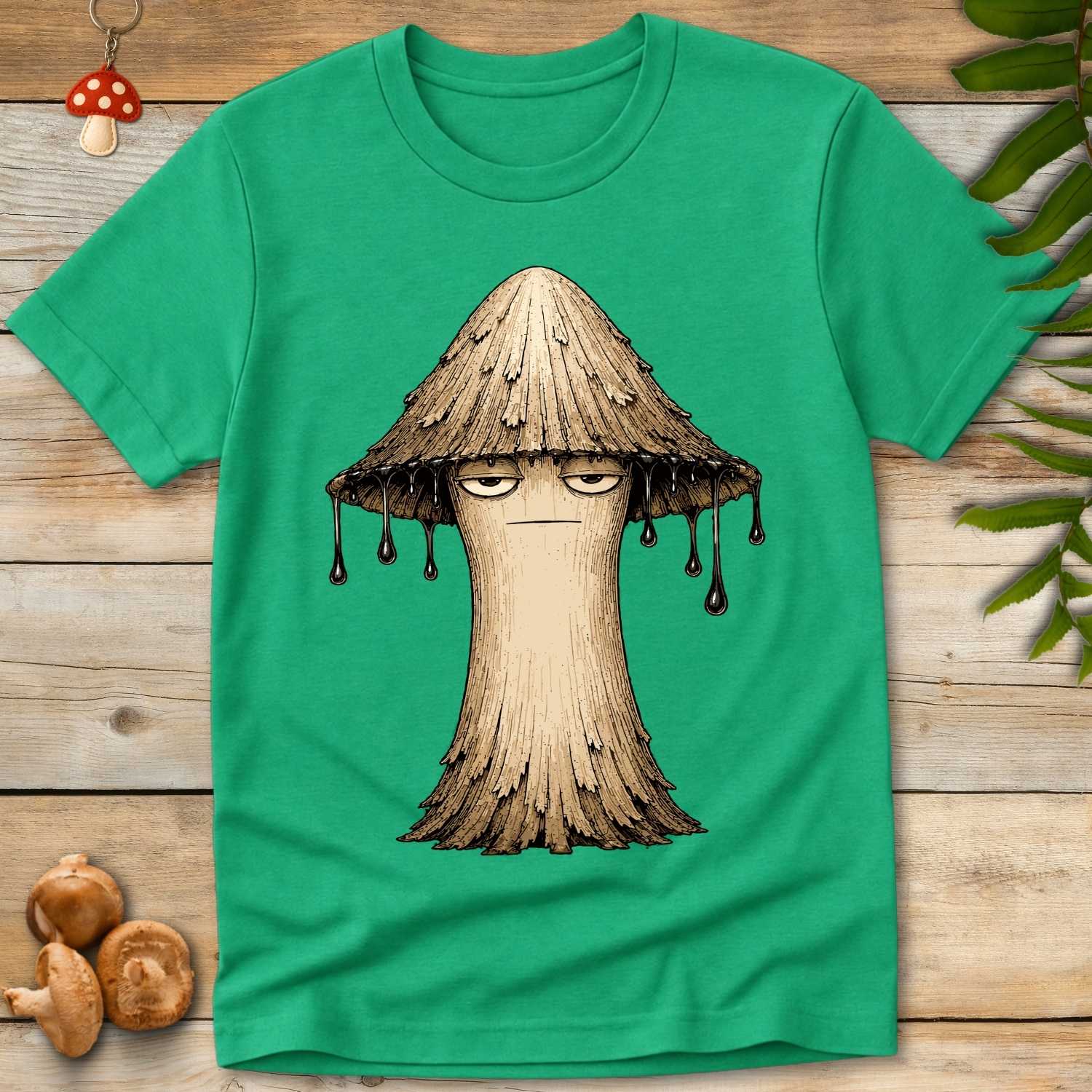 Detailed vintage-style shaggy ink cap mushroom with a bored expression and black ink dripping from the cap on a green background.