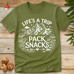 Black and white vintage style mountain landscape with mushrooms and the phrase “Life’s a Trip Pack Snacks”.